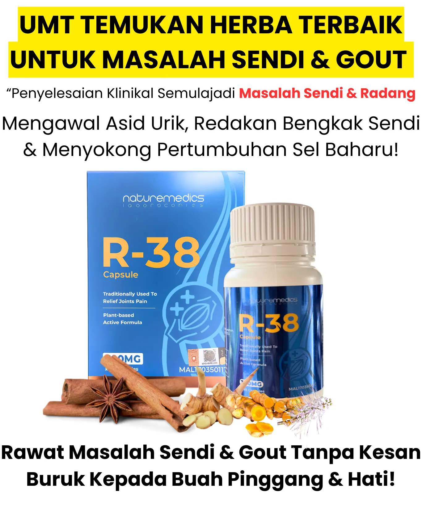 Poster UMT temukan herba terbaik untuk masalah sendi dan gout bersama produk R-38.